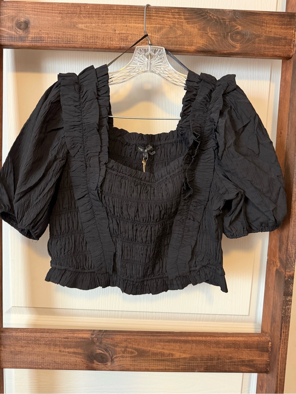 Free the Roses Black Ruffled Smocked Puff-Sleeve Crop Top